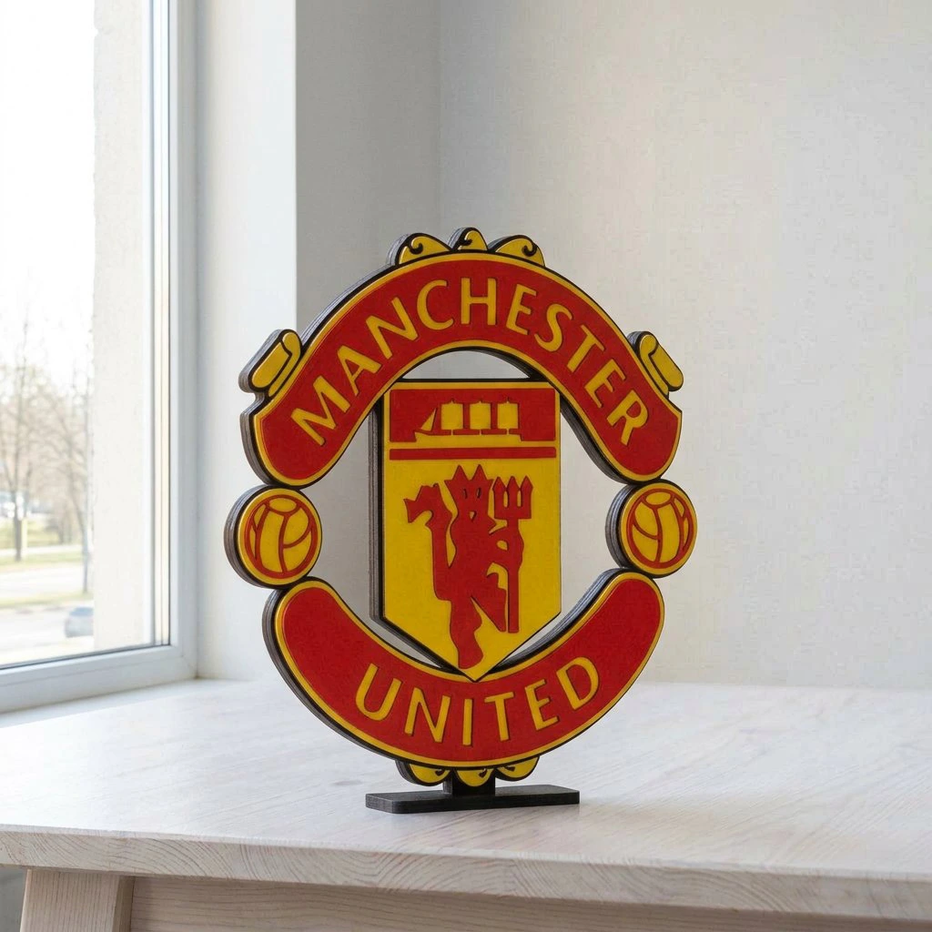 Объемный логотип Manchester United из дерева — многослойный герб футбольного клуба на подставке